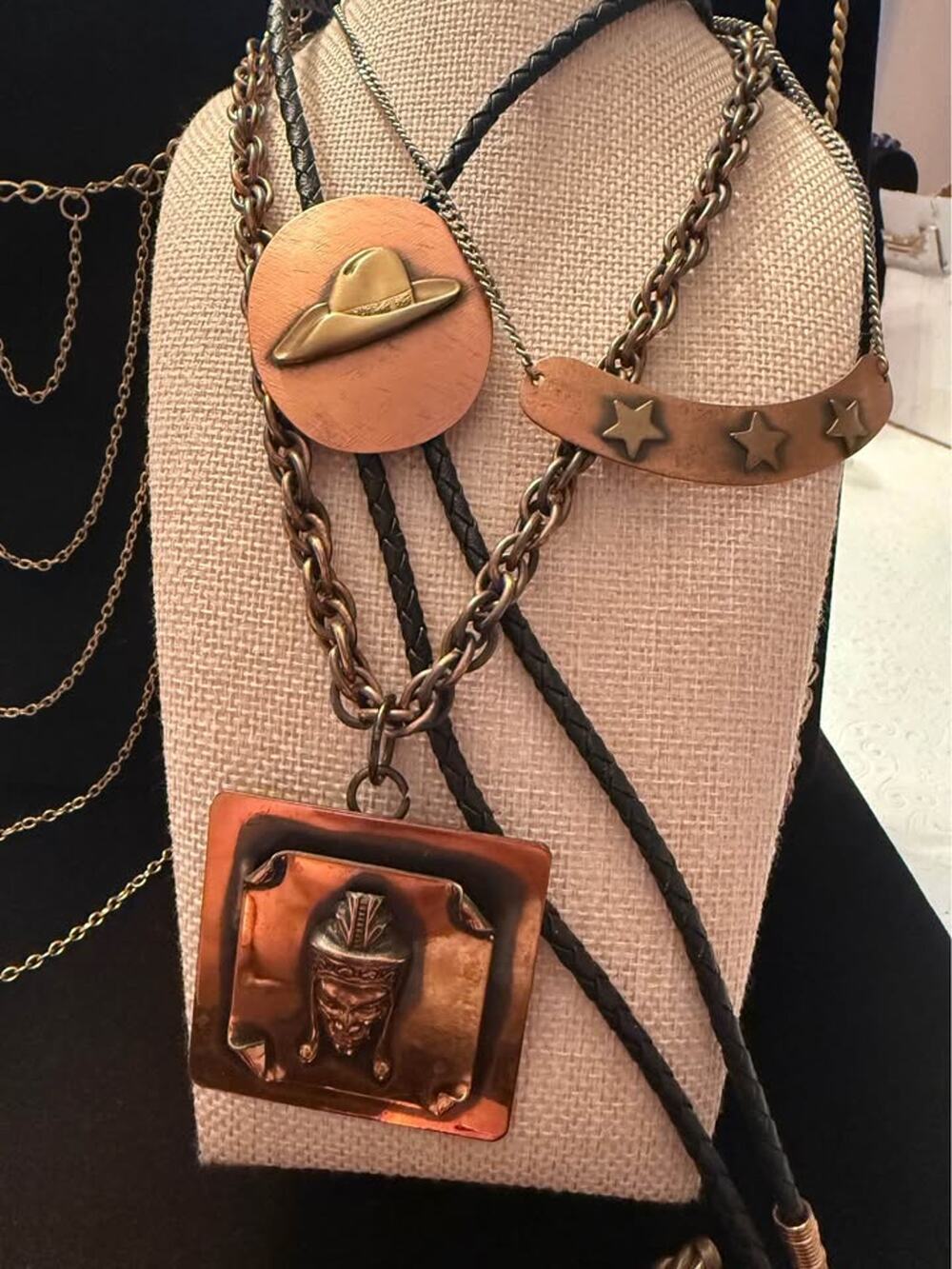 Vintage Copper & Mixed Metal Jewelry Lot Bolo Tie, Brooches, Necklaces &Bracelet